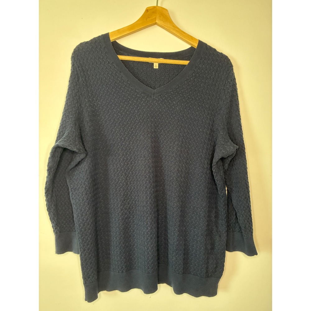 Talbots Woman Navy Blue Textured 3/4 Sleeve Cotton V-Neck Sweater 1X Basketweave